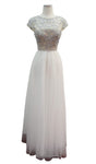 A-line Jeweled Neck Natural Waistline Floor Length Cap Sleeves Sheer Fitted Prom Dress