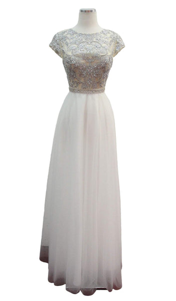 A-line Jeweled Neck Floor Length Cap Sleeves Sheer Fitted Natural Waistline Prom Dress