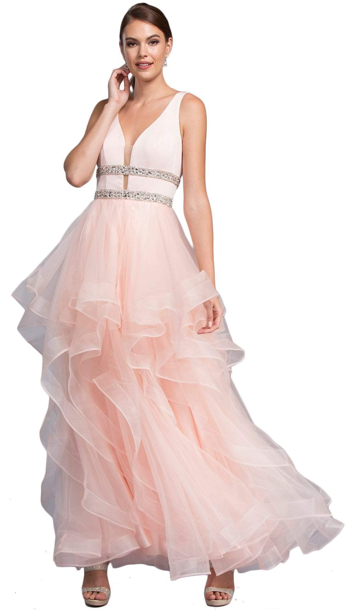 Aspeed Design - Embellished Deep V-neck A-line Prom Dress
