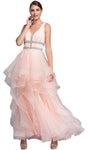 A-line V-neck Natural Tie Waist Waistline Sleeveless Plunging Neck Fitted Wrap V Back Sheer Tiered Prom Dress