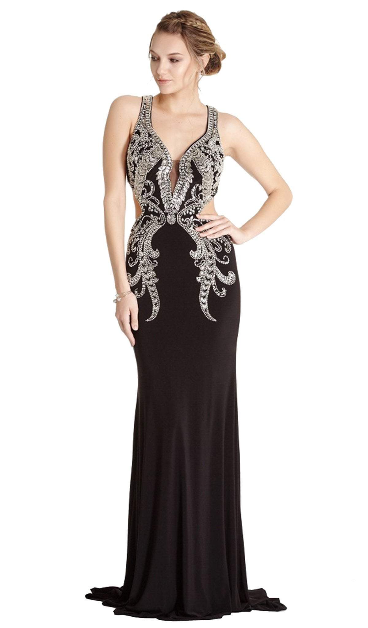 Aspeed Design - Embellished Deep V-neck Sheath Evening Dress
