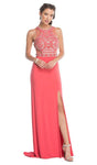 Sleeveless Sheath Halter Sheer Racerback Slit Fitted Natural Waistline Sheath Dress/Prom Dress with a Brush/Sweep Train