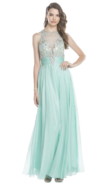 A-line Back Zipper Ruched Cutout Sheer Illusion Beaded Floor Length Natural Waistline Flutter Sleeves Sleeveless Prom Dress