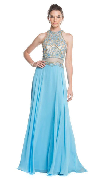 A-line Floor Length Short Illusion Sheer Natural Waistline Sleeveless Halter Evening Dress/Prom Dress