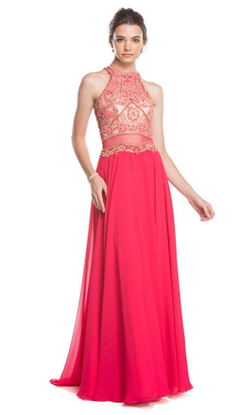 A-line Floor Length Short Halter Natural Waistline Sheer Illusion Sleeveless Evening Dress/Prom Dress