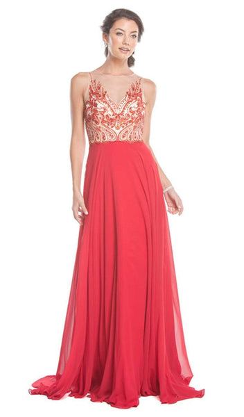 A-line Sheer Open-Back Illusion Sleeveless Natural Waistline Floor Length Prom Dress/Party Dress with a Brush/Sweep Train