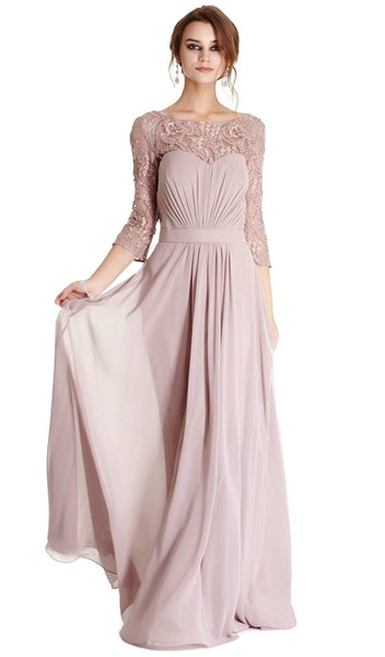 Sophisticated A-line Natural Waistline Short 3/4 Sleeves Ruched Illusion Wrap Bateau Neck Sweetheart Lace Mother-of-the-Bride Dress