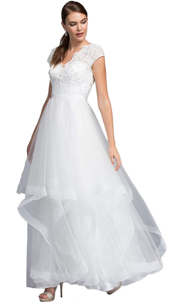 A-line V-neck Natural Tie Waist Waistline Cap Sleeves Back Zipper Tiered Fitted Lace Prom Dress With a Ribbon