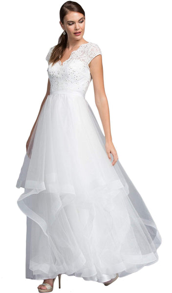 A-line V-neck Natural Tie Waist Waistline Tiered Back Zipper Fitted Cap Sleeves Lace Prom Dress With a Ribbon