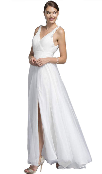 A-line V-neck 2016 Natural Waistline Sleeveless Ruched Back Zipper V Back Floor Length Evening Dress/Prom Dress/Party Dress