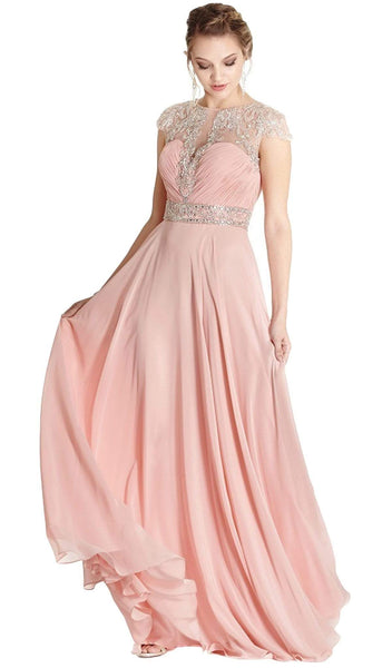 A-line Cap Sleeves Short Jeweled Neck Elasticized Natural Waistline Jeweled Illusion Ruched Sheer Prom Dress