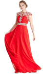A-line Elasticized Natural Waistline Cap Sleeves Sheer Jeweled Illusion Ruched Short Jeweled Neck Prom Dress