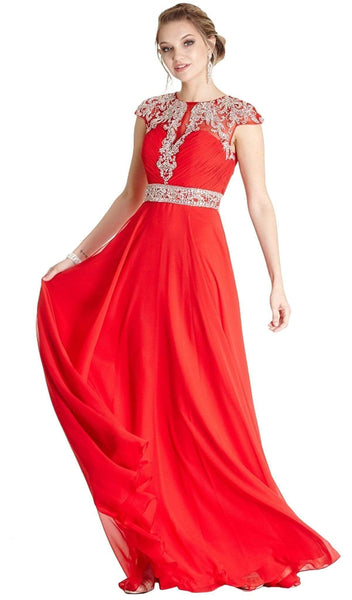 A-line Sheer Ruched Jeweled Illusion Short Cap Sleeves Elasticized Natural Waistline Jeweled Neck Prom Dress