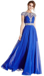 A-line Ruched Jeweled Sheer Illusion Short Jeweled Neck Cap Sleeves Elasticized Natural Waistline Prom Dress