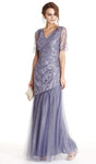 V-neck Floor Length Fit-and-Flare Mermaid Natural Waistline Lace Short Sleeves Sleeves Fitted Sheer Evening Dress