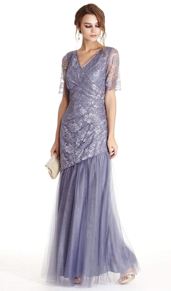 V-neck Natural Waistline Floor Length Lace Fit-and-Flare Mermaid Sheer Fitted Short Sleeves Sleeves Evening Dress
