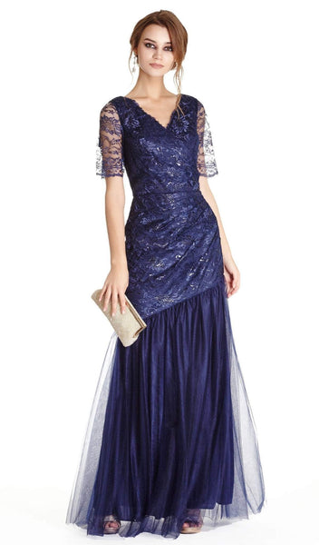 V-neck Fitted Sheer Lace Floor Length Fit-and-Flare Mermaid Short Sleeves Sleeves Natural Waistline Evening Dress