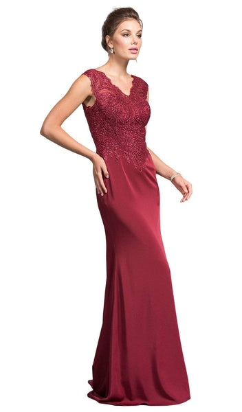 Sophisticated V-neck Cap Sleeves Sheath Natural Waistline Fitted Glittering Sheath Dress/Prom Dress with a Brush/Sweep Train