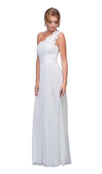 Sophisticated A-line One Shoulder Empire Waistline Draped Ruched Asymmetric Floor Length Prom Dress With Ruffles