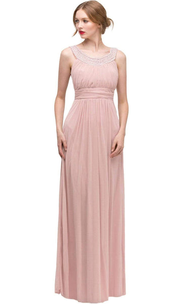 A-line Scoop Neck Natural Waistline Floor Length Ruched Embroidered Sleeveless Evening Dress With Pearls