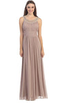 A-line Scoop Neck Embroidered Ruched Sleeveless Natural Waistline Floor Length Evening Dress With Pearls