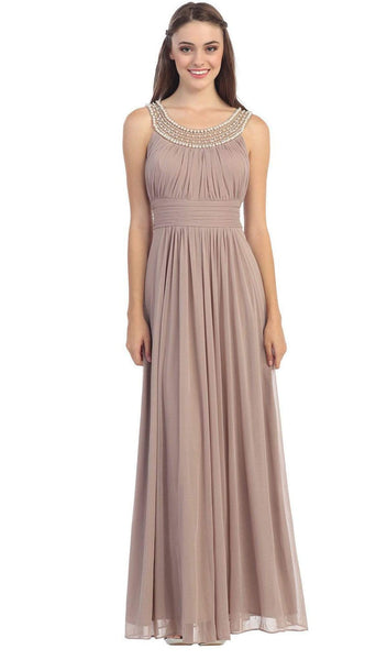 A-line Sleeveless Scoop Neck Natural Waistline Embroidered Ruched Floor Length Evening Dress With Pearls