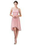 A-line Ruched Natural Waistline Sleeveless High-Low-Hem Scoop Neck Dress With Pearls