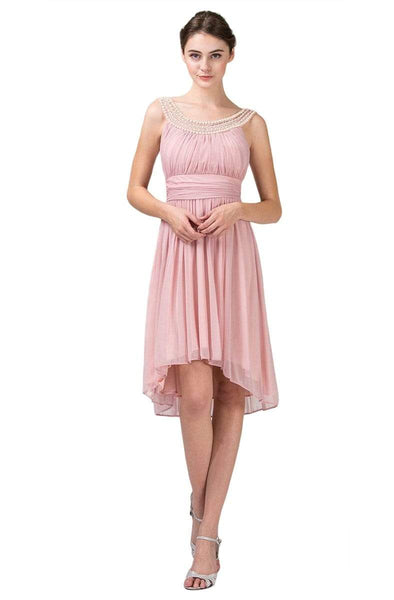 A-line Ruched Scoop Neck Natural Waistline Sleeveless High-Low-Hem Dress With Pearls