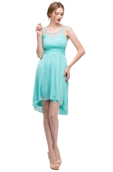 A-line Sleeveless High-Low-Hem Natural Waistline Scoop Neck Ruched Dress With Pearls