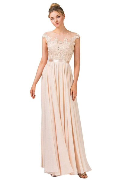 Sophisticated A-line Jeweled Neck Floor Length Illusion Fitted Mesh Applique Back Zipper Cap Sleeves Elasticized Natural Waistline Dress