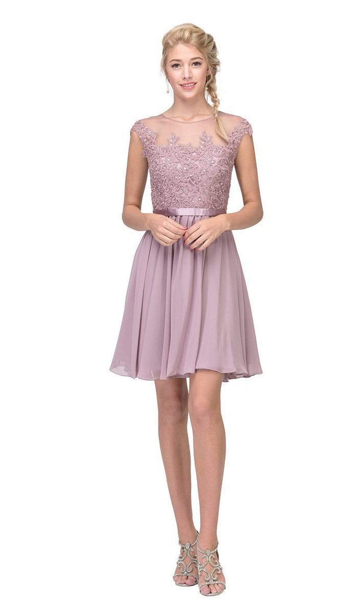 Eureka Fashion - 3633 Lace Appliqued Cap Sleeve Chiffon Dress
