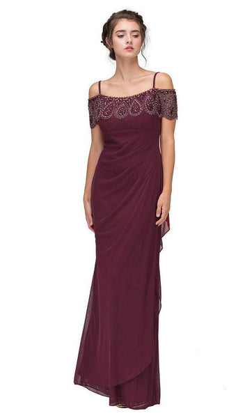 Chiffon Floor Length Cold Shoulder Short Sleeves Sleeves Off the Shoulder Draped Beaded Ruched Sheath Natural Waistline Sheath Dress/Evening Dress