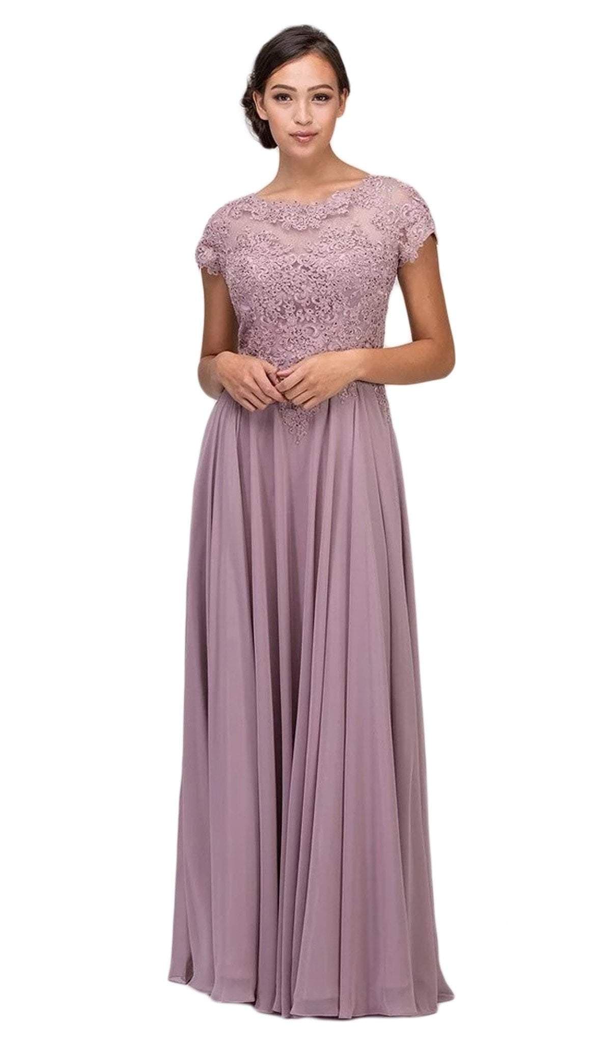 Eureka Fashion - 4909-4XL Illusion Short Sleeve Applique Chiffon Dress
