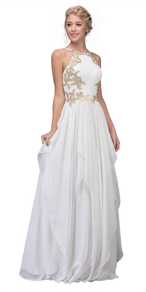 Eureka Fashion - 6036 Appliqued Halter Asymmetrical Cascade Gown
