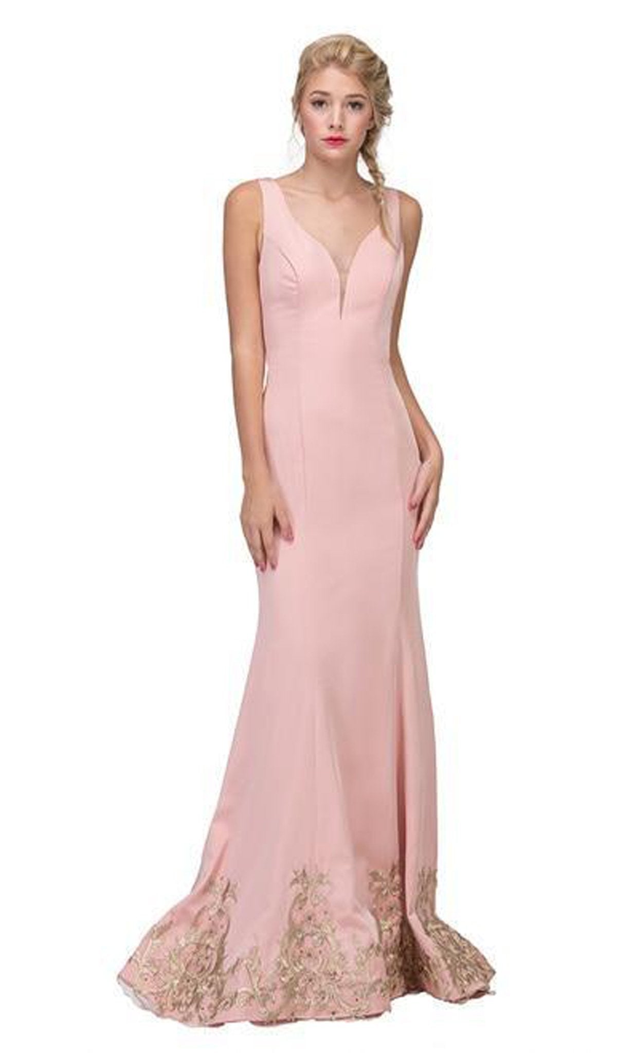 Eureka Fashion - 6090 Embroidered V-neck Stretch Satin Trumpet Dress