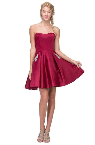 A-line Strapless Cocktail Above the Knee Sweetheart Satin Corset Natural Princess Seams Waistline Pleated Pocketed Fitted Jeweled Dress