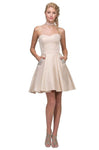 A-line Strapless Sweetheart Pocketed Fitted Jeweled Pleated Corset Natural Princess Seams Waistline Cocktail Above the Knee Satin Dress