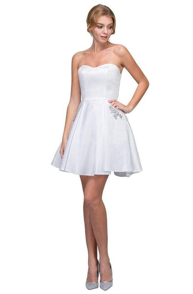 A-line Strapless Cocktail Above the Knee Fitted Pleated Pocketed Jeweled Satin Corset Natural Princess Seams Waistline Sweetheart Dress