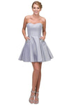 A-line Strapless Satin Cocktail Above the Knee Fitted Jeweled Pocketed Pleated Sweetheart Corset Natural Princess Seams Waistline Dress