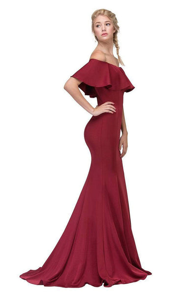 Strapless Mermaid Natural Waistline Satin Open-Back Back Zipper Sheer Short Sleeves Sleeves Off the Shoulder Dress with a Brush/Sweep Train With Ruffles