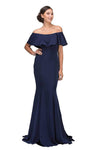 Strapless Mermaid Satin Short Sleeves Sleeves Off the Shoulder Natural Waistline Sheer Open-Back Back Zipper Dress with a Brush/Sweep Train With Ruffles