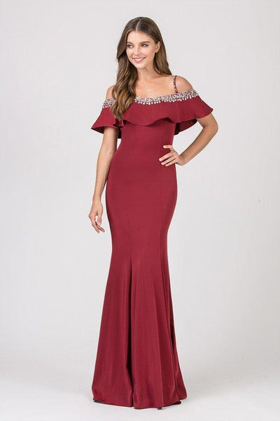 Mermaid Open-Back Jeweled Sheer Draped Back Zipper Cold Shoulder Sleeves Off the Shoulder Spaghetti Strap Jeweled Neck Natural Waistline Dress with a Brush/Sweep Train With Ruffles