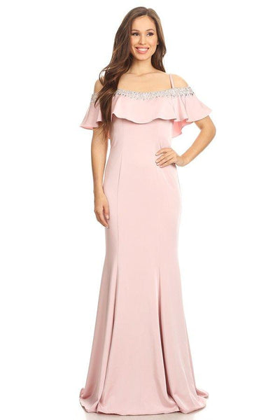 Natural Waistline Cold Shoulder Sleeves Off the Shoulder Spaghetti Strap Sheer Draped Open-Back Jeweled Back Zipper Jeweled Neck Mermaid Dress with a Brush/Sweep Train With Ruffles