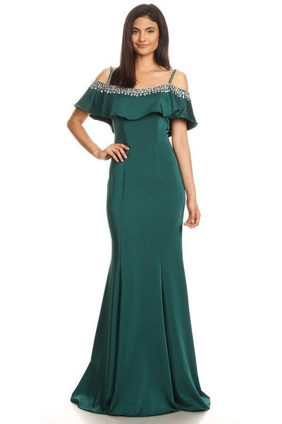 Natural Waistline Cold Shoulder Sleeves Off the Shoulder Spaghetti Strap Back Zipper Sheer Draped Jeweled Open-Back Jeweled Neck Mermaid Dress with a Brush/Sweep Train With Ruffles
