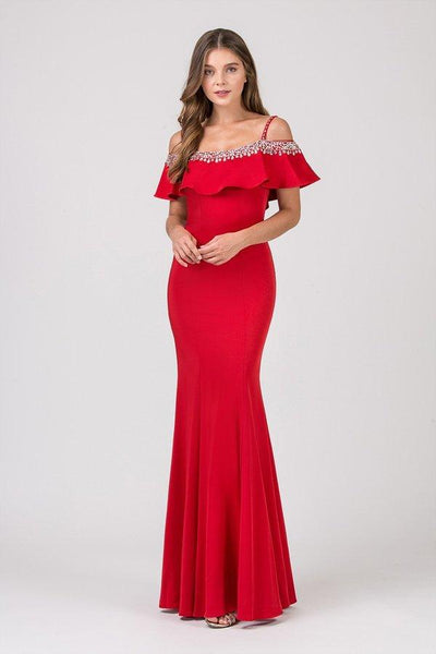 Mermaid Cold Shoulder Sleeves Off the Shoulder Spaghetti Strap Natural Waistline Jeweled Neck Jeweled Open-Back Draped Sheer Back Zipper Dress with a Brush/Sweep Train With Ruffles