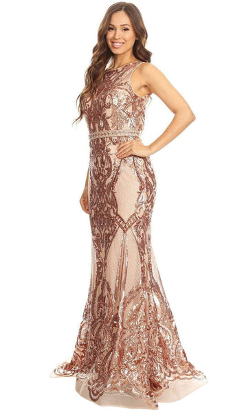 Sleeveless Mermaid Sequined Open-Back Fitted Beaded Back Zipper Mesh Natural Waistline Bateau Neck Dress with a Brush/Sweep Train