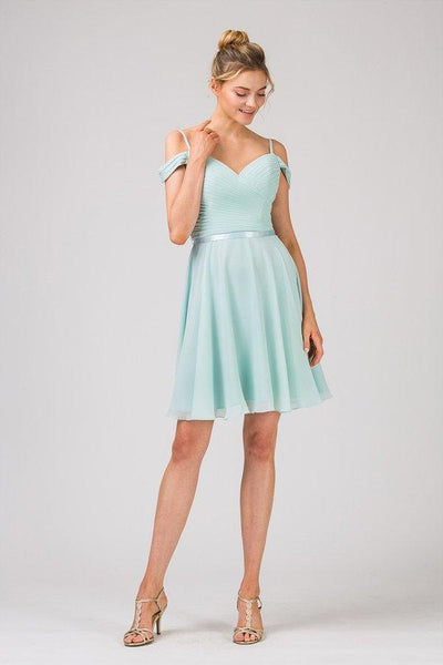 A-line Sweetheart Chiffon Flowy Pleated Back Zipper Lace-Up Off the Shoulder Cocktail Short Natural Waistline Dress With a Ribbon