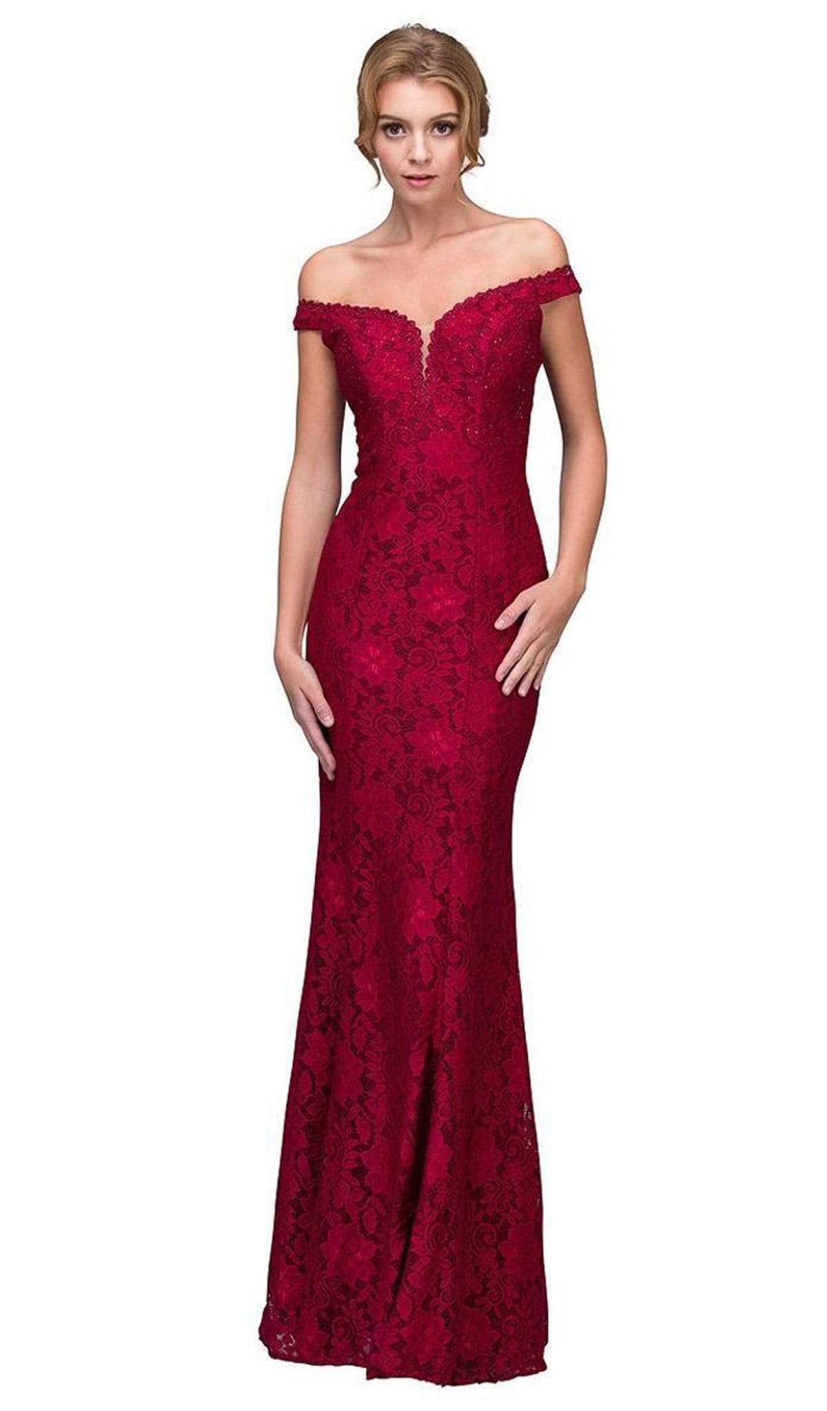 Eureka Fashion - 8050 Lace Jersey Off-Shoulder Trumpet Dress
