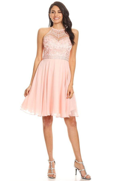 A-line Halter Sweetheart Illusion Back Zipper Embroidered Jeweled Beaded Open-Back Flutter Sleeves Sleeveless Spaghetti Strap Above the Knee Natural Waistline Dress With Rhinestones