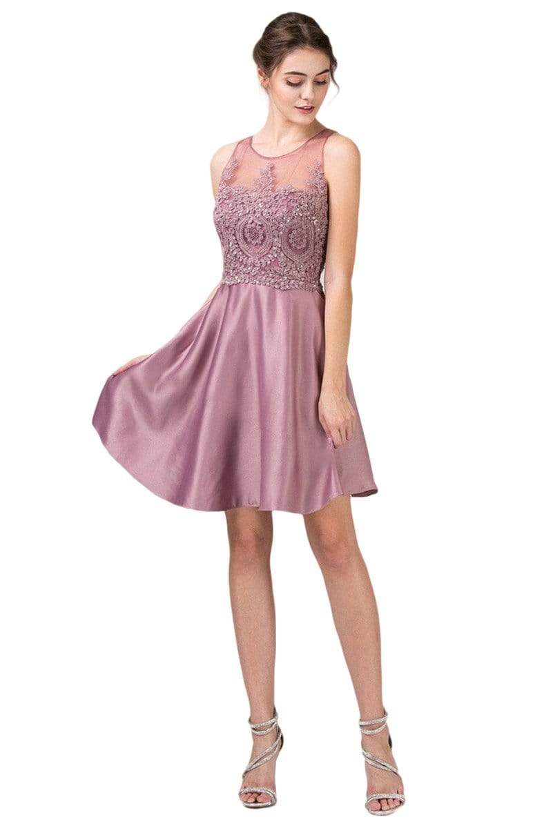 Eureka Fashion - 8433 Lace Jewel Neck Satin A-line Dress
